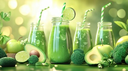 Green smoothie in bottle featuring avocado lime broccoli apple and cucumber ideal for detox and health focused wellness content