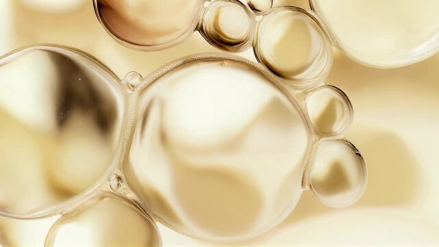Abstract gold bubbles floating in a soft backdrop. Fluid waves 3d background for cosmetic product. Concept of beauty and luxury	