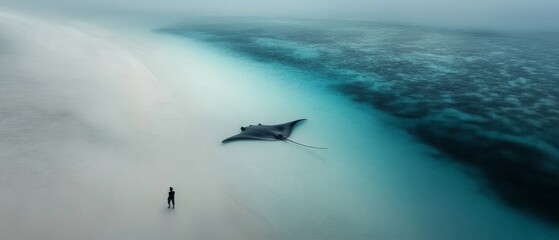 A lone figure stands on a vast shoreline with a giant manta ray nearby, a stunning dance between humanity and the ocean's grandeur.