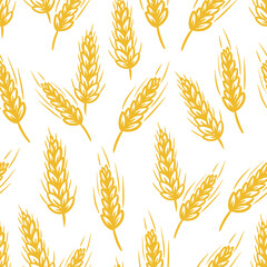 A seamless pattern of golden wheat stalks against a white background 