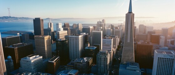 Serene cityscape with iconic triangular skyscraper, bathed in morning light against a distant bay and hazy hills.