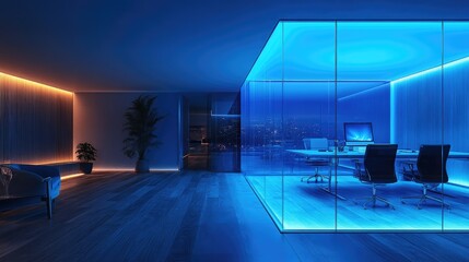 Office background, modern office interior, Modern Office Interior with Blue Ambient Lighting