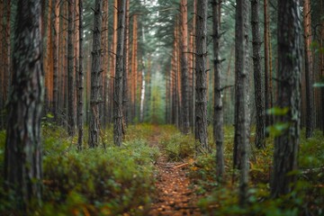 Fototapeta premium Narrow path is winding through a lush green forest of tall pine trees