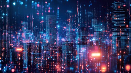 Fototapeta premium Abstract futuristic cityscape with glowing lights and digital data streams.