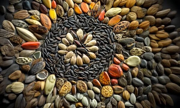 An artistic arrangement of various seeds and nuts in a circular pattern.