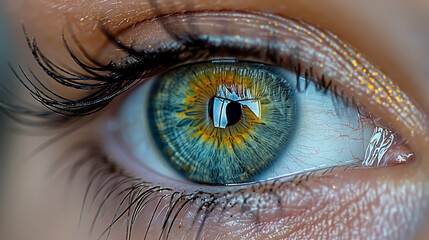 Fototapeta premium Macro Shot of a Human Eye with Striking Blue and Green Iris and Intricate Details
