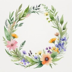 Obraz premium Lush watercolor wreath of peonies, ranunculus, and greenery in pastel shades, delicate and symmetrical on a clean white background