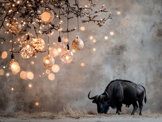 A Buffalo in a Christmas mood. The scene is festive and warm, with the lights adding a cozy