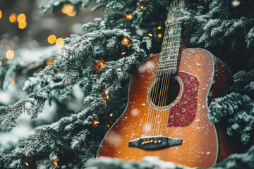 rustic acoustic guitar rests against snow covered pine tree with twinkling lights, evoking sense of cozy winter peace