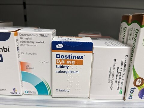 Prague,Czech Republic-October 9 2024:Dostinex by PFIZER with CABERGOLINE a dopamine agonist used to treat hyperprolactinemia by reducing prolactin levels,benefiting patients with hormonal imbalances