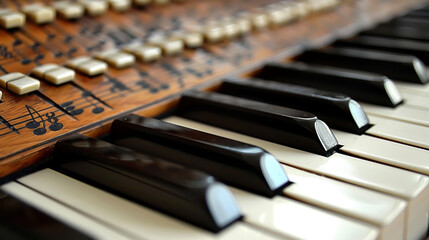 Close-up of Vintage Piano Keyboards with Wooden Musical Notations Panel