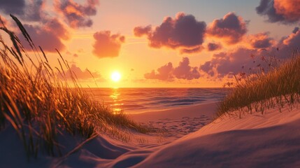 Golden sunset over a tranquil beach during summer capturing the essence of relaxation and warm memories