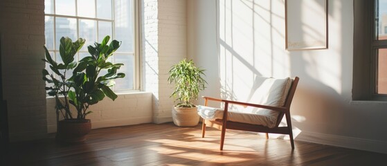 In a sunlit room, a minimalist wooden chair and thriving potted plants create a serene, inviting nook, blending modern elegance with nature's beauty.