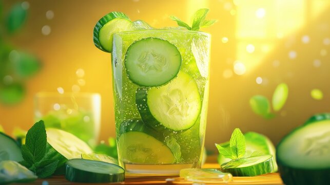Chilled summer beverage featuring crisp cucumbers and aromatic fresh mint for ultimate refreshment