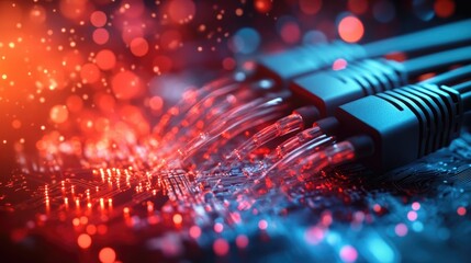 Intriguing Close-Up of Network Cables and Circuitry, Illuminated by Colorful Bokeh Lights in Shades of Red and Blue, Capturing the Essence of Modern Technology and Digital Connectivity