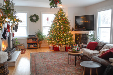Cozy Christmas living room with decorated tree, fireplace, and presents