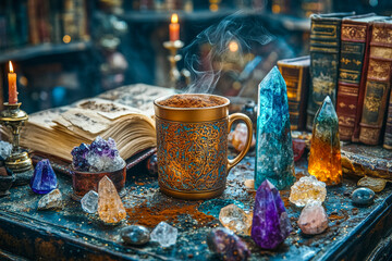 Mystical coffee mug amidst crystals and ancient books in enchanting setting. Fortune telling on a coffee grounds