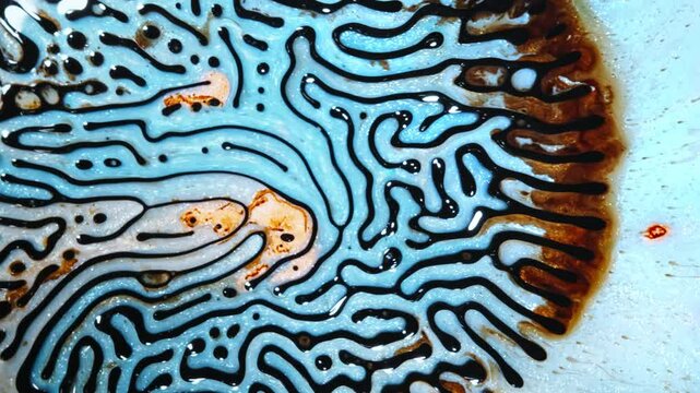 Vibrant patterns form as two liquids blend together in a mesmerizing microscopic view