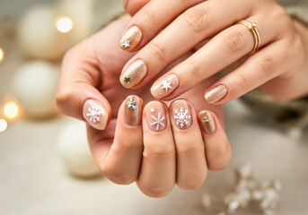 Festive winter nail art with snowflake and star designs, perfect for holiday celebrations