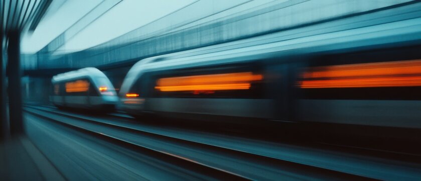Two high-speed trains blur past each other on parallel tracks, signifying motion and modernity in a dynamic scene.
