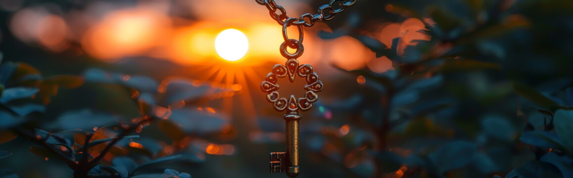 Golden Key Pendant Against a Mesmerizing Sunset - Symbol of Success and Happiness - Powered by Adobe