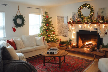 cozy living room decorated for Christmas with lit fireplace, decorated Christmas tree, and wreath on wall
