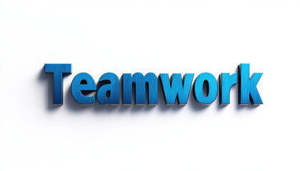 The word 'Teamwork' in bold, textured blue letters against a clean white background, emphasizing cooperation and collaboration in professional settings.