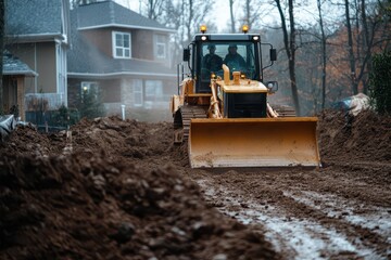 Heavy duty bulldozer leveling ground for a new construction project, showcasing strength and precision in action.