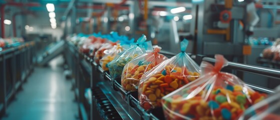 A vibrant array of candies travel along a production line in a factory, showcasing the sweet allure of mass confectionery.