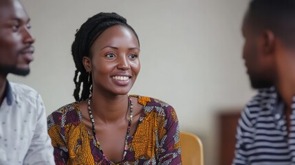 African psychologists discussing psychology of behavior, interactive digital tools, engaged team,