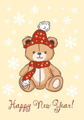 Greeting card cute teddy bear wearing a festive hat and scarf celebrates the New Year with joy and snowflakes
