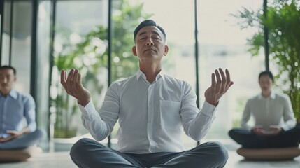 Asian experts teaching stress management techniques in a serene office, focus on relaxation tools,