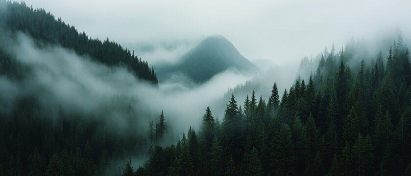 A misty mountain range unfolds, with treetops piercing through fog, creating a dreamlike scene of raw wilderness and natural splendor.
