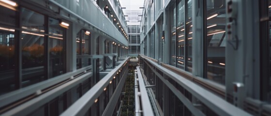 An expansive corridor of a glass building, with lines and lights creating a futuristic and symmetrical architectural perspective.