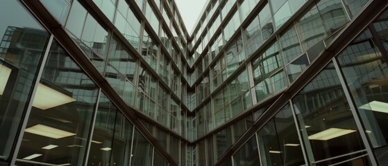 Sharp-angled architectural marvels reflect each other with expansive glass, forming vibrant patterns under the overcast sky.