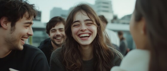 Fototapeta premium Joyful friends gather outdoors, their laughter echoing amidst an urban setting, capturing a moment of shared happiness and carefree camaraderie.