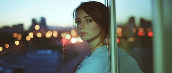 Naklejka premium Pensive woman gazes out a window at dusk, framed by a blurred cityscape, evoking a sense of longing and contemplation.