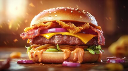 Double Meat Burger with Crispy Onions Double Cheddar Cheese and Bacon on Artisan Bread indulgent gourmet meal