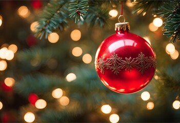 Fototapeta premium a red ornament hanging from a string adds festive cheer to the holiday atmosphere with its bright, joyful glow