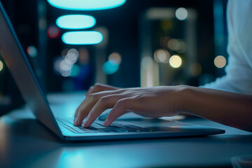 Close-up view of cropped woman's hands typing on a laptop keyboard in modern office space