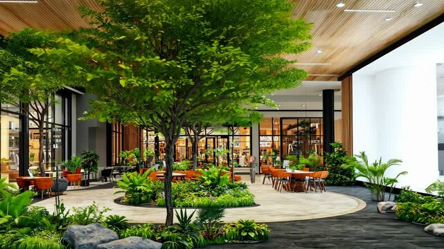 A lush courtyard with large trees and plants provides a tranquil space for relaxation and dining at a modern shopping center