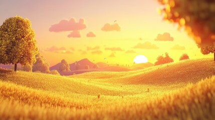 Fototapeta premium Beautiful countryside landscape with an amazing orange sunset illuminating golden soil hills perfect for promoting agriculture and farming themes