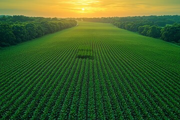 Lush greenfield landscape at sunset with endless rows of crops and trees