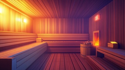 Classic wooden sauna interior featuring warm lighting and natural wood details perfect for relaxation and wellness