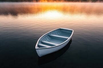 Fototapeta premium Serene rowboat drifting on a misty lake at sunrise, capturing the essence of tranquility and nature's beauty.