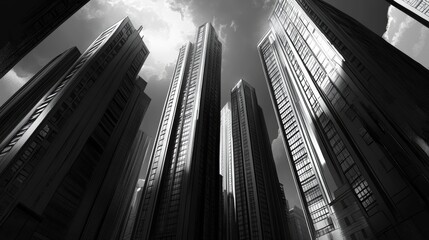 Fototapeta premium Dominating skyscrapers of a modern apartment complex in striking black and white architectural photography capturing urban elegance