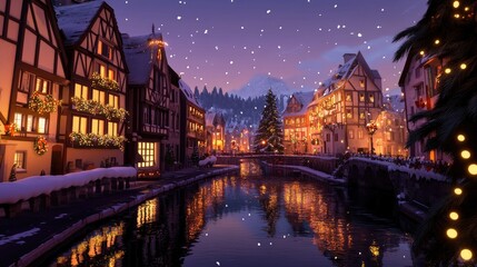 Obraz premium Charming Alsace cityscape with half timbered houses reflecting on water at twilight adorned with winter decorations