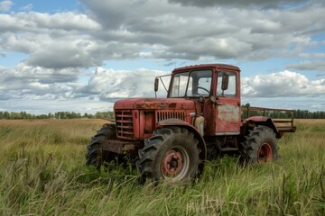 Fototapeta premium Old red tractor is slowly rusting away, standing still in the middle of a field