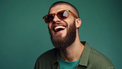 Obraz premium A portrait of a bearded man wearing sunglasses and laughing.