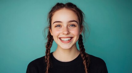Obraz premium Young woman with braids smiling brightly against a teal background.